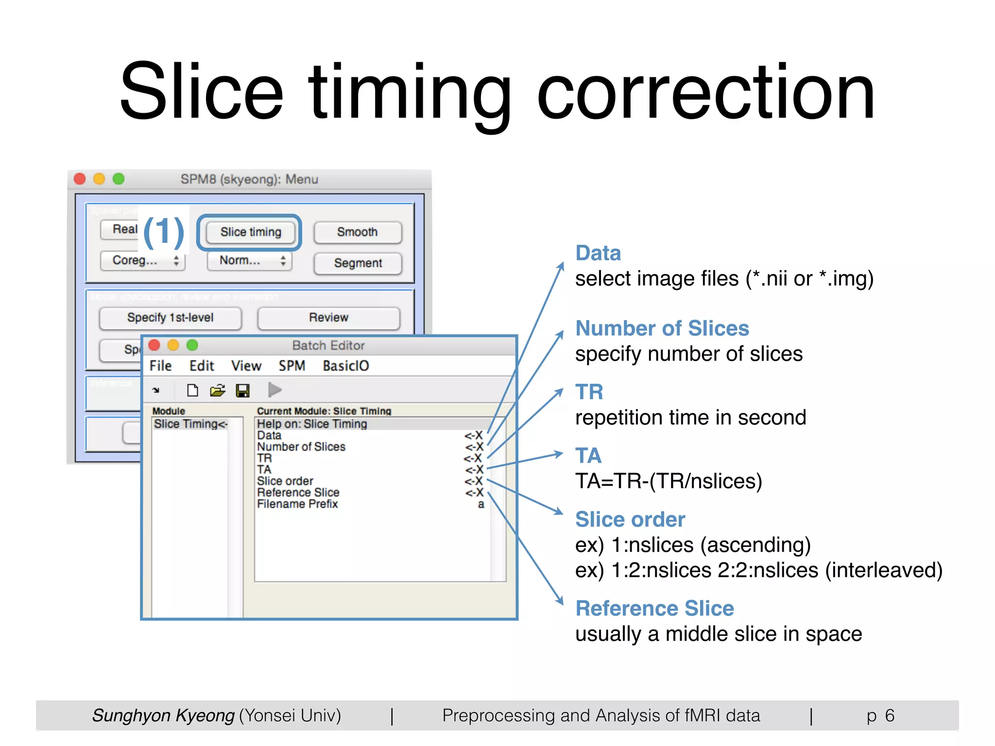 Sunghyon Kyeong (Yonsei Univ) | Preprocessing and Analysis of fMRI data | p
Slice timing correction
(1) Data  
select image ﬁles (*.nii or *.img)
Number of Slices  
specify number of slices
TR  
repetition time in second
TA  
TA=TR-(TR/nslices)
Slice order  
ex) 1:nslices (ascending) 
ex) 1:2:nslices 2:2:nslices (interleaved)
Reference Slice  
usually a middle slice in space
6
 