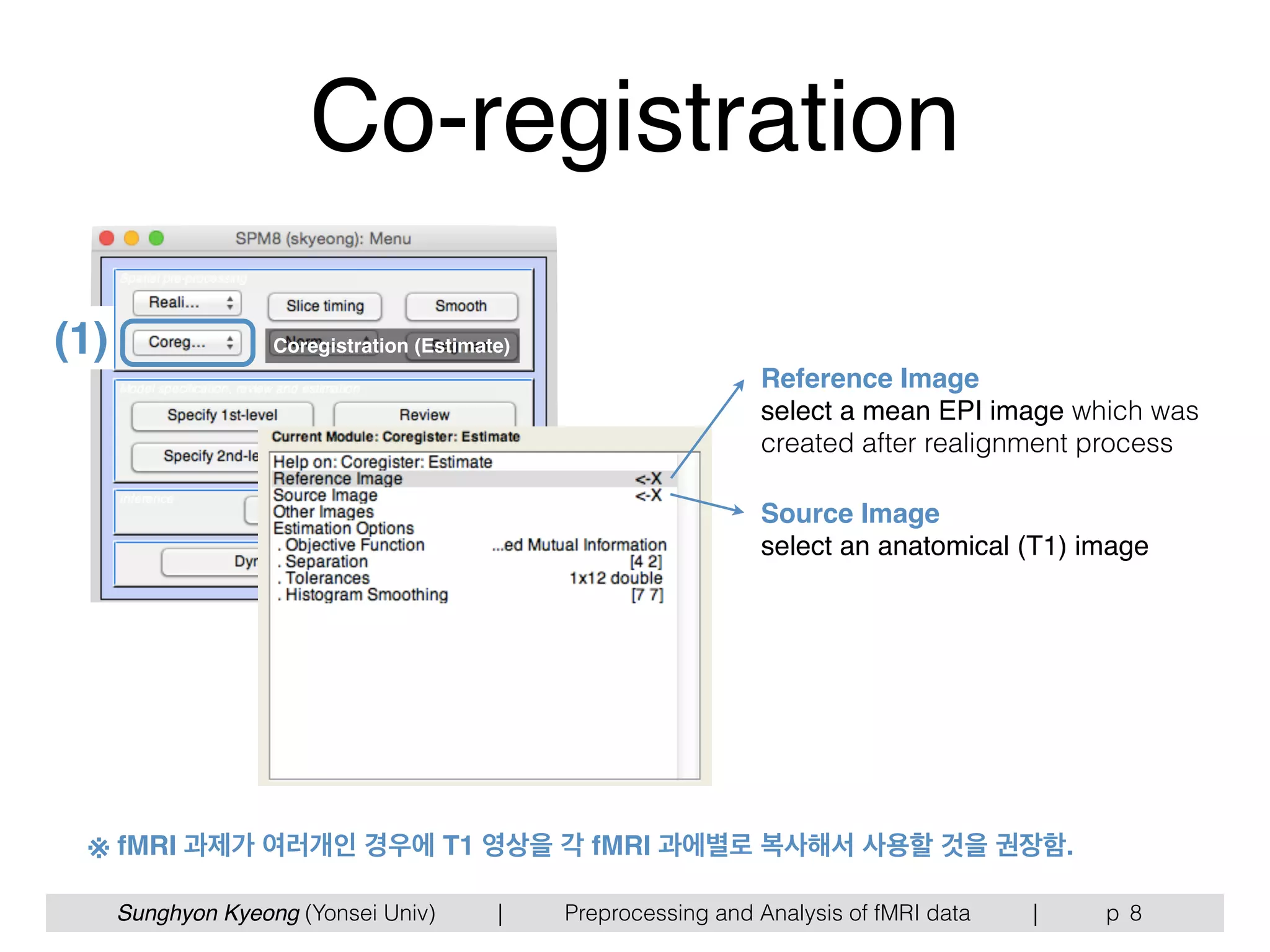 Sunghyon Kyeong (Yonsei Univ) | Preprocessing and Analysis of fMRI data | p
Co-registration
(1) Coregistration (Estimate)
Reference Image  
select a mean EPI image which was
created after realignment process
Source Image  
select an anatomical (T1) image
※ fMRI 과제가 여러개인 경우에 T1 영상을 각 fMRI 과에별로 복사해서 사용할 것을 권장함.
8
 