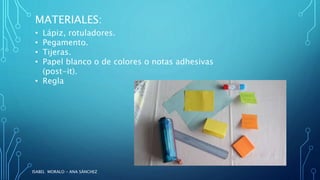 MATERIALES:
• Lápiz, rotuladores.
• Pegamento.
• Tijeras.
• Papel blanco o de colores o notas adhesivas
(post-it).
• Regla...