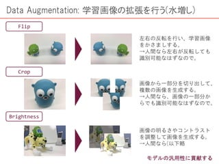 Data Augmentation: 学習画像の拡張を行う(水増し)
Flip
Crop
Brightness
左右の反転を行い、学習画像
をかさましする。
→人間なら左右が反転しても
識別可能なはずなので。
画像から一部分を切り出して、
複数の画像を生成する。
→人間なら、画像の一部分か
らでも識別可能なはずなので。
画像の明るさやコントラスト
を調整して画像を生成する。
→人間なら(以下略
モデルの汎用性に貢献する
 