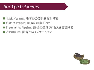  Task Planning: モデルの要件を設計する
 Gather Images: 画像の収集を行う
 Implements Pipeline: 画像の処理プロセスを実装する
 Annotation: 画像へのアノテーション
Recipe1:Survey
 