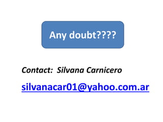 Any doubt????
Contact: Silvana Carnicero
silvanacar01@yahoo.com.ar