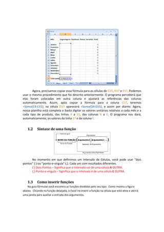  

        Agora, precisamos copiar essa fórmula para as células de C17, D17 e E17. Podemos 
usar o mesmo procedimento que foi descrito anteriormente. O programa perceberá que 
elas  foram  colocadas  em  outra  coluna  e  ajustará  as  referências  das  colunas 
automaticamente.  Assim,  após  copiar  a  fórmula  para  a  coluna  C17,  teremos 
=Soma(C4:C15);  na  célula  D17  aparecerá  =Soma(D4:D15),  e  assim  por  diante.  Agora, 
nossa planilha está completa e basta digitar os valores unitários relativos a cada mês e a 
cada  tipo  de  produto,  das  linhas  4  a  15,  das  colunas  B  a  E.  O  programa  nos  dará, 
automaticamente, os valores da linha 17 e da coluna F. 


    1.2     Sintaxe de uma função 




                                                                             

      No  momento  em  que  definimos  um  Intervalo  de  Células,  você  pode  usar  “dois 
pontos” (:) ou “ponto‐e‐vírgula” (;). Cada um com resultados diferentes.  
      (:) Dois Pontos – Significa que o Intervalo vai de uma célula A OUTRA. 
      (;) Ponto‐e‐vírgula – Significa que o Intervalo é de uma célula E OUTRA. 


    1.3     Como inserir funções  
    Na guia fórmulas você encontra as funções divididas pelo seu tipo.  Como mostra a figura 
abaixo.  Clicando na função desejada, o Excel irá inserir a função na célula que está ativa e abrirá 
uma janela para auxiliar a entrada dos argumentos. 
 