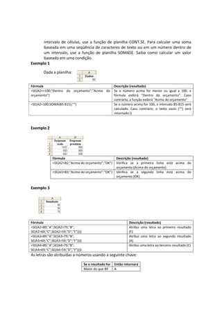 intervalo  de  células,  use  a  função  de  planilha  CONT.SE.  Para  calcular  uma  soma 
      baseada em uma seqüência de caracteres de texto ou em um número dentro de 
      um  intervalo,  use  a  função  de  planilha  SOMASE.  Saiba  como  calcular  um  valor 
      baseado em uma condição.  
Exemplo 1 

        Dada a planilha:  


Fórmula                                         Descrição (resultado)
=SE(A2<=100;"Dentro  do  orçamento";"Acima  do  Se  o  número  acima  for  menor  ou  igual  a  100,  a 
orçamento")                                     fórmula  exibirá  "Dentro  do  orçamento".  Caso 
                                                contrário, a função exibirá "Acima do orçamento"  
=SE(A2=100;SOMA(B5:B15);"")                     Se o número acima for 100, o intervalo B5:B15 será 
                                                calculado.  Caso  contrário,  o  texto  vazio  ("")  será 
                                                retornado () 
 

Exemplo 2 

 

 

              Fórmula                                      Descrição (resultado)
              =SE(A2>B2;"Acima do orçamento";"OK")         Verifica  se  a  primeira  linha  está  acima  do 
                                                           orçamento (Acima do orçamento) 
              =SE(A3>B3;"Acima do orçamento";"OK")         Verifica  se  a  segunda  linha  está  acima  do 
                                                           orçamento (OK) 
 

Exemplo 3 

                       

                       


Fórmula                                                            Descrição (resultado) 
=SE(A2>89;"A";SE(A2>79;"B";                                        Atribui  uma  letra  ao  primeiro  resultado 
SE(A2>69;"C";SE(A2>59;"D";"F"))))                                  (F) 
=SE(A3>89;"A";SE(A3>79;"B";                                        Atribui  uma  letra  ao  segundo  resultado 
SE(A3>69;"C";SE(A3>59;"D";"F"))))                                  (A) 
=SE(A4>89;"A";SE(A4>79;"B";                                        Atribui uma letra ao terceiro resultado (C)
SE(A4>69;"C";SE(A4>59;"D";"F")))) 
As letras são atribuídas a números usando a seguinte chave: 

                                     Se o resultado for   Então retornará
                                     Maior do que 89      A
 