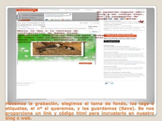 Hacemos la grabación, elegimos el tema de fondo, los tags o
etiquetas, el nº si queremos, y los guardamos (Save). Se nos
proporciona un link y código html para incrustarlo en nuestro
blog o web.
 