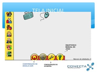CONFIRMAÇÃO SE
DESEJA SAIR
CONFIGURAÇÃO DO
GCOMPRIS
OBJETIVOS E
MANUAL DO
JOGO
TELA INICIAL
 