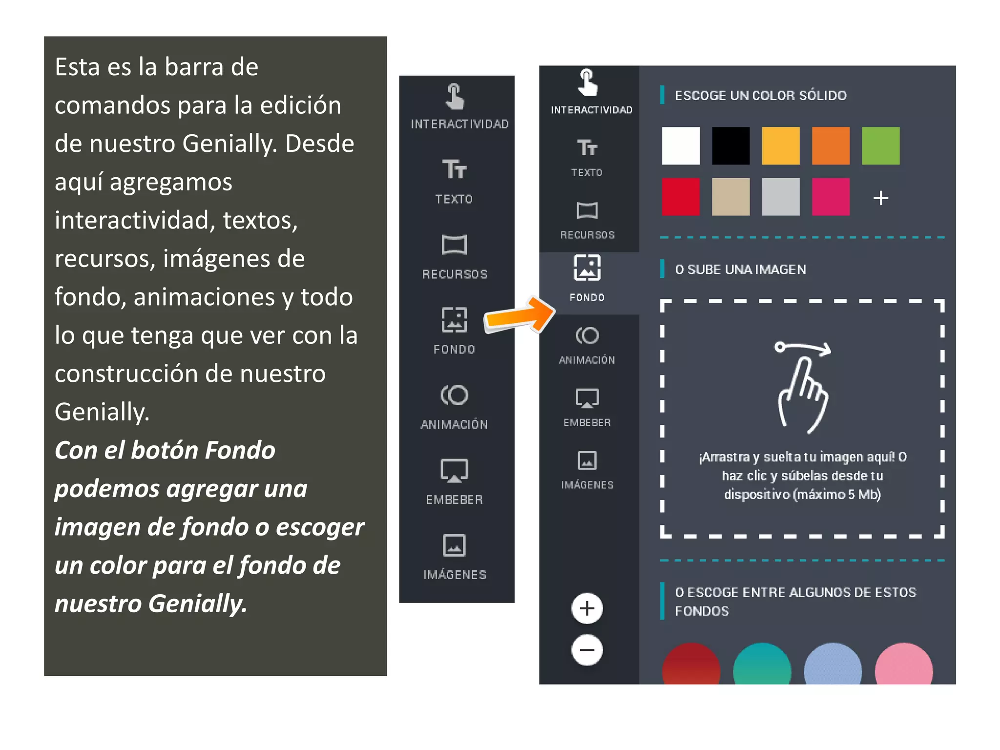 Esta es la barra de
comandos para la edición
de nuestro Genially. Desde
aquí agregamos
interactividad, textos,
recursos, imágenes de
fondo, animaciones y todo
lo que tenga que ver con la
construcción de nuestro
Genially.
Con el botón Fondo
podemos agregar una
imagen de fondo o escoger
un color para el fondo de
nuestro Genially.
 