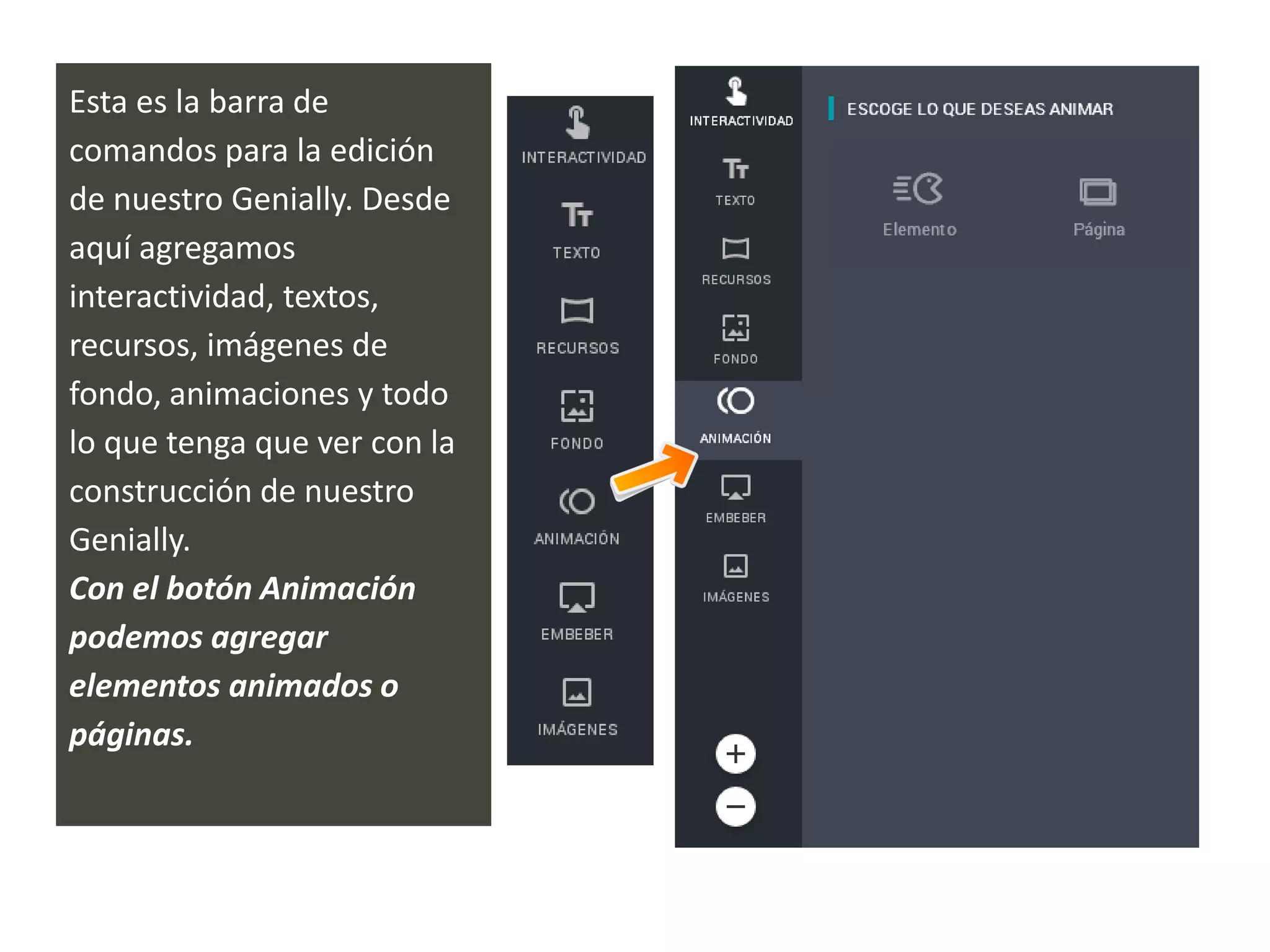 Esta es la barra de
comandos para la edición
de nuestro Genially. Desde
aquí agregamos
interactividad, textos,
recursos, imágenes de
fondo, animaciones y todo
lo que tenga que ver con la
construcción de nuestro
Genially.
Con el botón Animación
podemos agregar
elementos animados o
páginas.
 