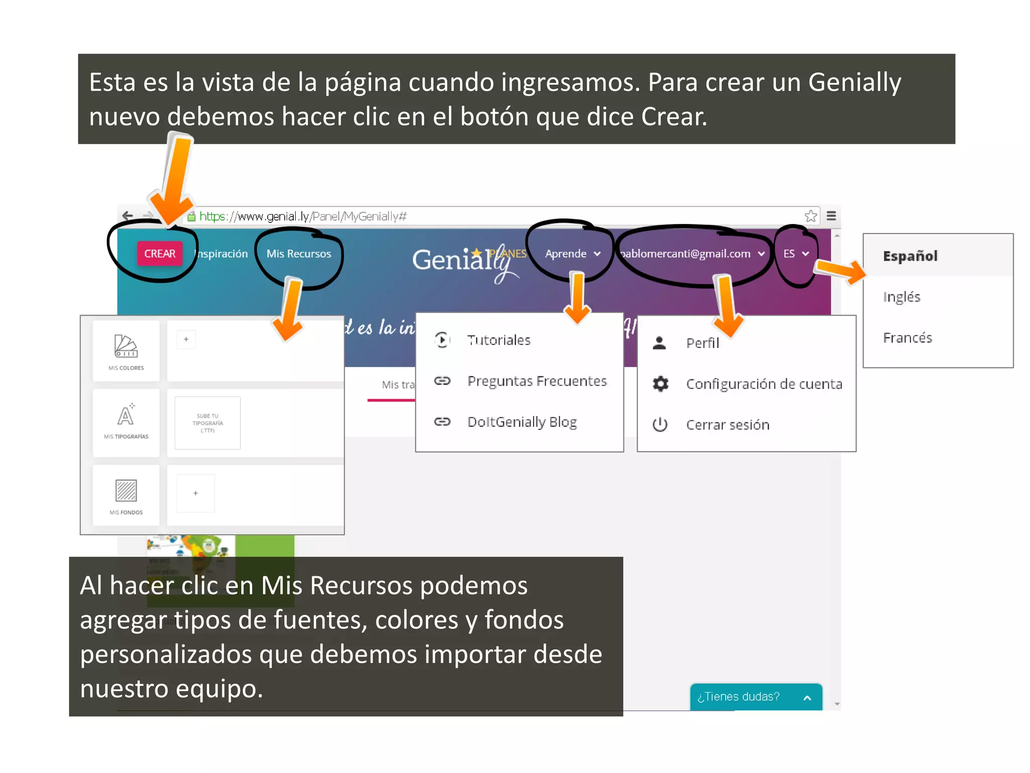 Esta es la vista de la página cuando ingresamos. Para crear un Genially
nuevo debemos hacer clic en el botón que dice Crear.
Al hacer clic en Mis Recursos podemos
agregar tipos de fuentes, colores y fondos
personalizados que debemos importar desde
nuestro equipo.
 
