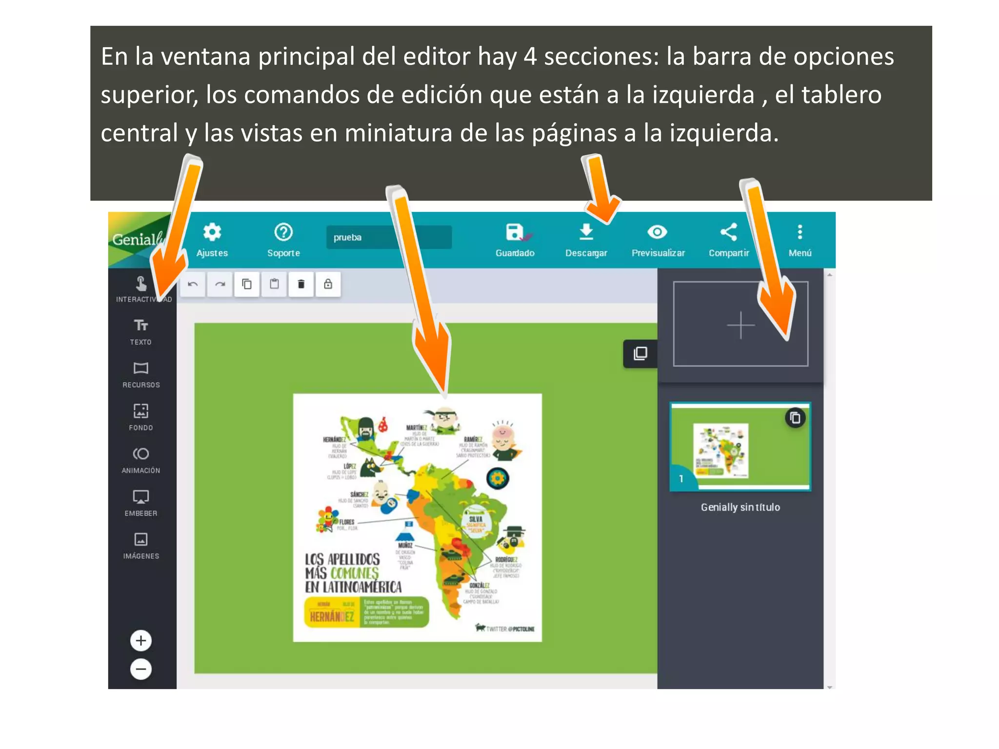 En la ventana principal del editor hay 4 secciones: la barra de opciones
superior, los comandos de edición que están a la izquierda , el tablero
central y las vistas en miniatura de las páginas a la izquierda.
 