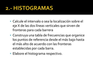  Calcule el intervalo o sea la localización sobre el
eje X de las dos líneas verticales que sirven de
fronteras para cada barrera
 Construya una tabla de frecuencias que organice
los puntos de referencia desde el más bajo hasta
el más alto de acuerdo con las fronteras
establecidas por cada barra.
 Elabore el histograma respectivo.
 