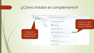 ¿Cómo instalar el complemento?
Instalación
automática del
complemento
Dando un click
sobre el botón
correspondiente
 
