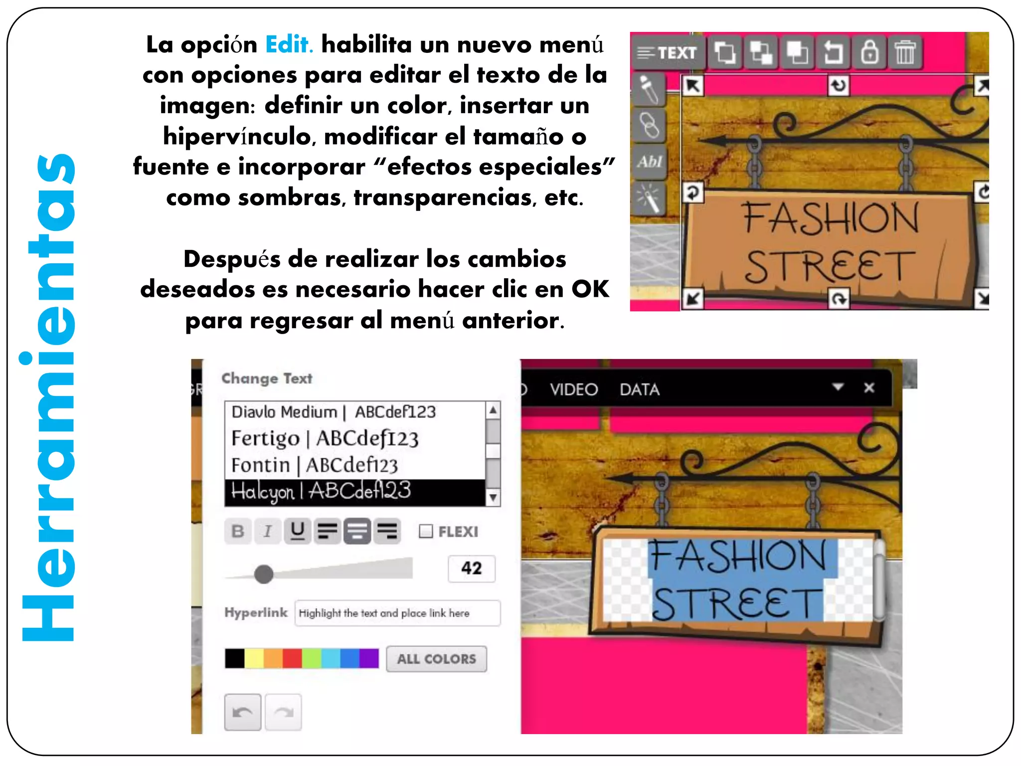 Herramientas La opción Edit. habilita un nuevo menú
con opciones para editar el texto de la
imagen: definir un color, insertar un
hipervínculo, modificar el tamaño o
fuente e incorporar “efectos especiales”
como sombras, transparencias, etc.
Después de realizar los cambios
deseados es necesario hacer clic en OK
para regresar al menú anterior.
 