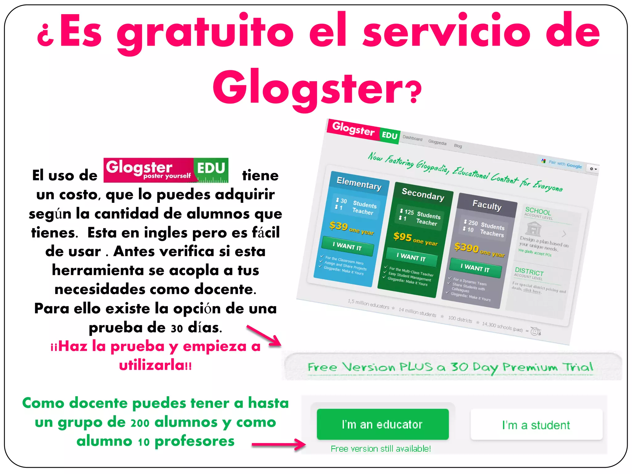 ¿Es gratuito el servicio de
Glogster?
El uso de tiene
un costo, que lo puedes adquirir
según la cantidad de alumnos que
tienes. Esta en ingles pero es fácil
de usar . Antes verifica si esta
herramienta se acopla a tus
necesidades como docente.
Para ello existe la opción de una
prueba de 30 días.
¡¡Haz la prueba y empieza a
utilizarla!!
Como docente puedes tener a hasta
un grupo de 200 alumnos y como
alumno 10 profesores
 