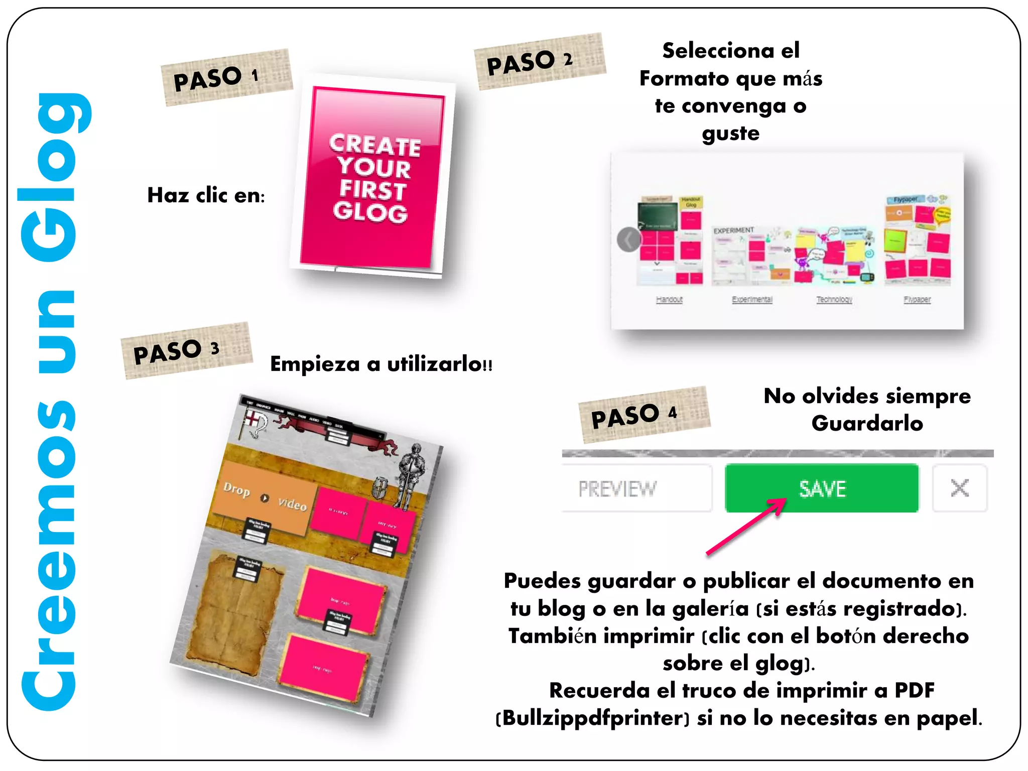 CreemosunGlog
Haz clic en:
Selecciona el
Formato que más
te convenga o
guste
Empieza a utilizarlo!!
No olvides siempre
Guardarlo
Puedes guardar o publicar el documento en
tu blog o en la galería (si estás registrado).
También imprimir (clic con el botón derecho
sobre el glog).
Recuerda el truco de imprimir a PDF
(Bullzippdfprinter) si no lo necesitas en papel.
 