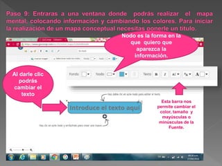 Al darle clic
podrás
cambiar el
texto
Esta barra nos
permite cambiar el
color, tamaño y
mayúsculas o
minúsculas de la
Fuente.
Nodo es la forma en la
que quiero que
aparezca la
información.
 
