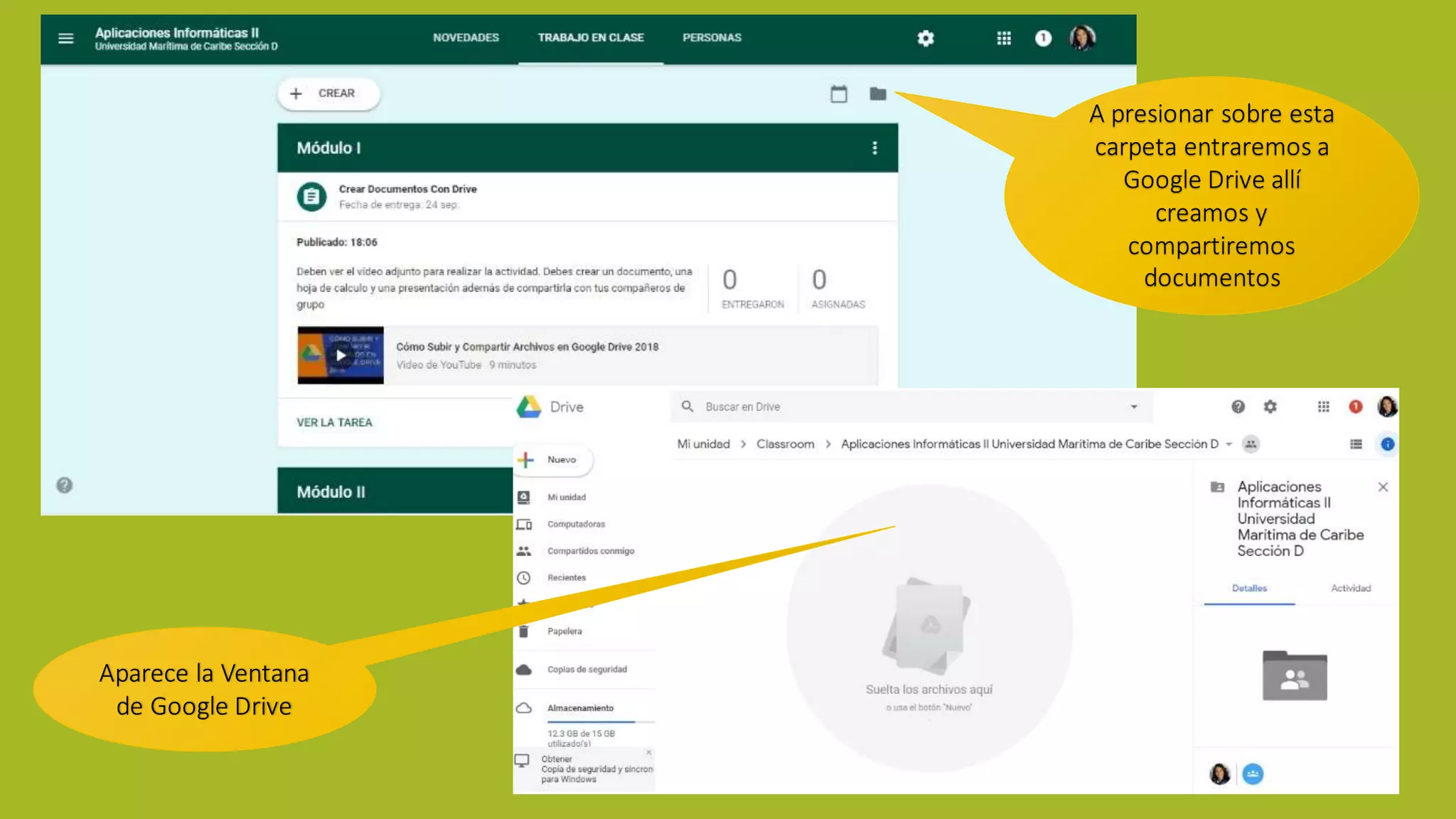 A presionar sobre esta
carpeta entraremos a
Google Drive allí
creamos y
compartiremos
documentos
Aparece la Ventana
de Google Drive
 
