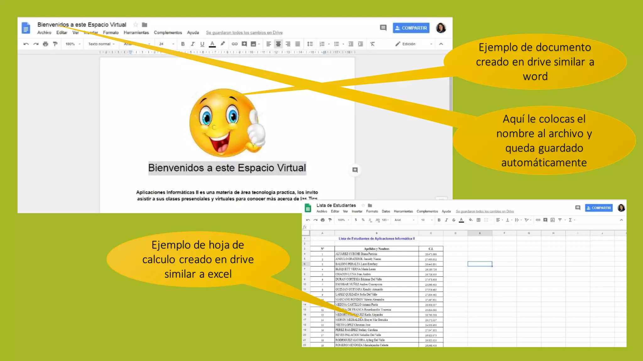 Ejemplo de documento
creado en drive similar a
word
Aquí le colocas el
nombre al archivo y
queda guardado
automáticamente
Ejemplo de hoja de
calculo creado en drive
similar a excel
 