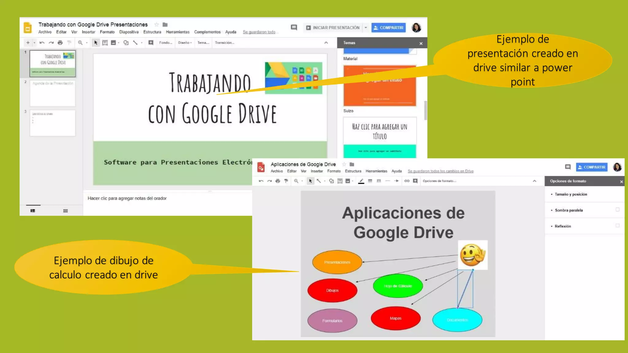 Ejemplo de
presentación creado en
drive similar a power
point
Ejemplo de dibujo de
calculo creado en drive
 