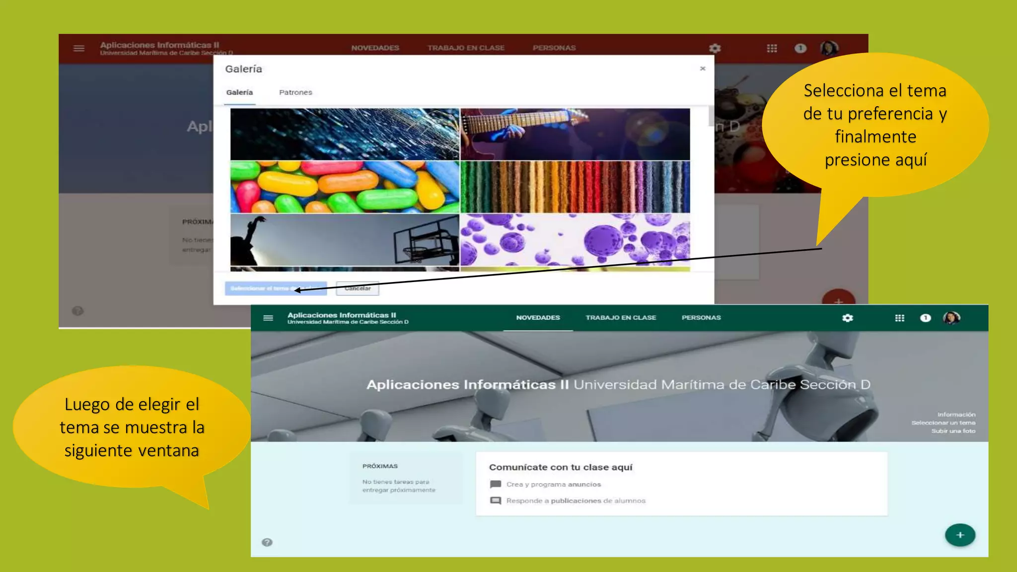 Luego de elegir el
tema se muestra la
siguiente ventana
Selecciona el tema
de tu preferencia y
finalmente
presione aquí
 