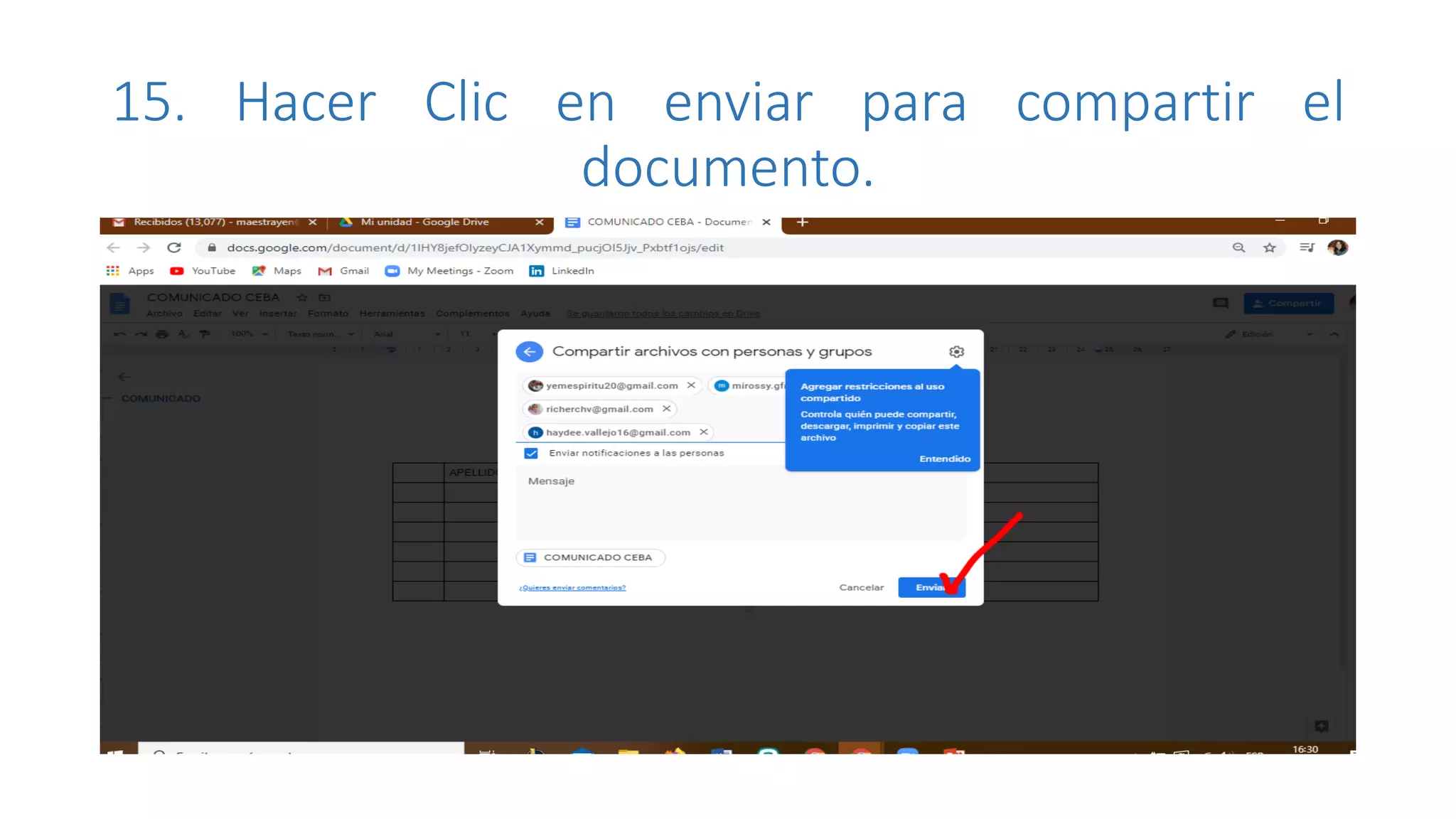 15. Hacer Clic en enviar para compartir el
documento.
 