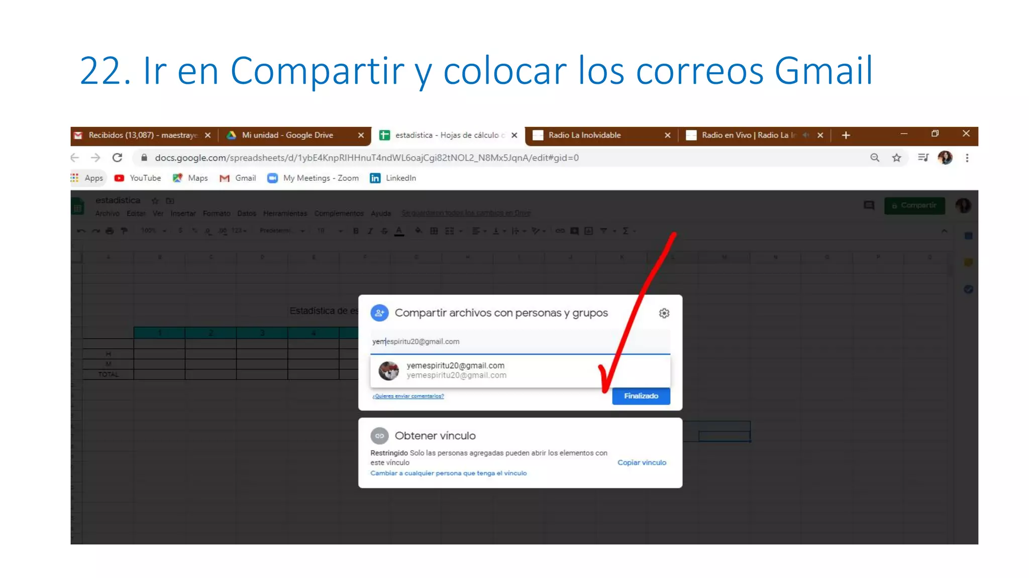 22. Ir en Compartir y colocar los correos Gmail
 