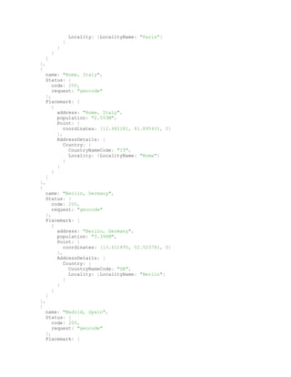 Locality: {LocalityName: "Paris"}
}
}
}
]
},
{
name: "Rome, Italy",
Status: {
code: 200,
request: "geocode"
},
Placemark: [
{
address: "Rome, Italy",
population: "2.553M",
Point: {
coordinates: [12.482181, 41.895431, 0]
},
AddressDetails: {
Country: {
CountryNameCode: "IT",
Locality: {LocalityName: "Roma"}
}
}
}
]
},
{
name: "Berlin, Germany",
Status: {
code: 200,
request: "geocode"
},
Placemark: [
{
address: "Berlin, Germany",
population: "3.396M",
Point: {
coordinates: [13.411895, 52.523781, 0]
},
AddressDetails: {
Country: {
CountryNameCode: "DE",
Locality: {LocalityName: "Berlin"}
}
}
}
]
},
{
name: "Madrid, Spain",
Status: {
code: 200,
request: "geocode"
},
Placemark: [
 