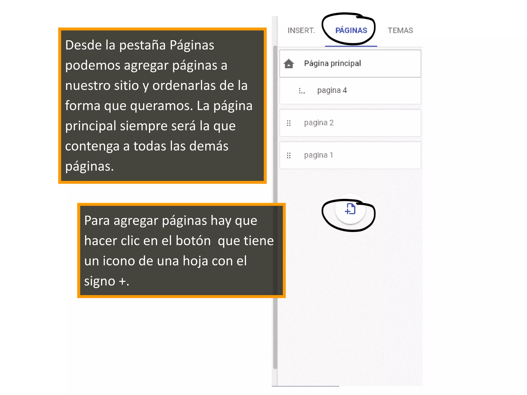 Desde la pestaña Páginas
podemos agregar páginas a
nuestro sitio y ordenarlas de la
forma que queramos. La página
principal siempre será la que
contenga a todas las demás
páginas.
Para agregar páginas hay que
hacer clic en el botón que tiene
un icono de una hoja con el
signo +.
 