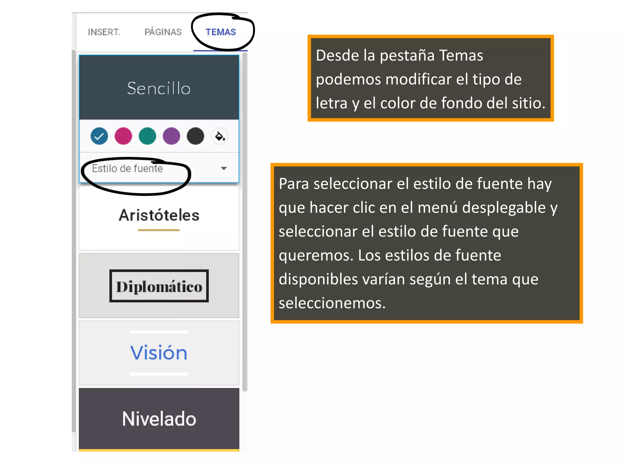 Desde la pestaña Temas
podemos modificar el tipo de
letra y el color de fondo del sitio.
Para seleccionar el estilo de fuente hay
que hacer clic en el menú desplegable y
seleccionar el estilo de fuente que
queremos. Los estilos de fuente
disponibles varían según el tema que
seleccionemos.
 