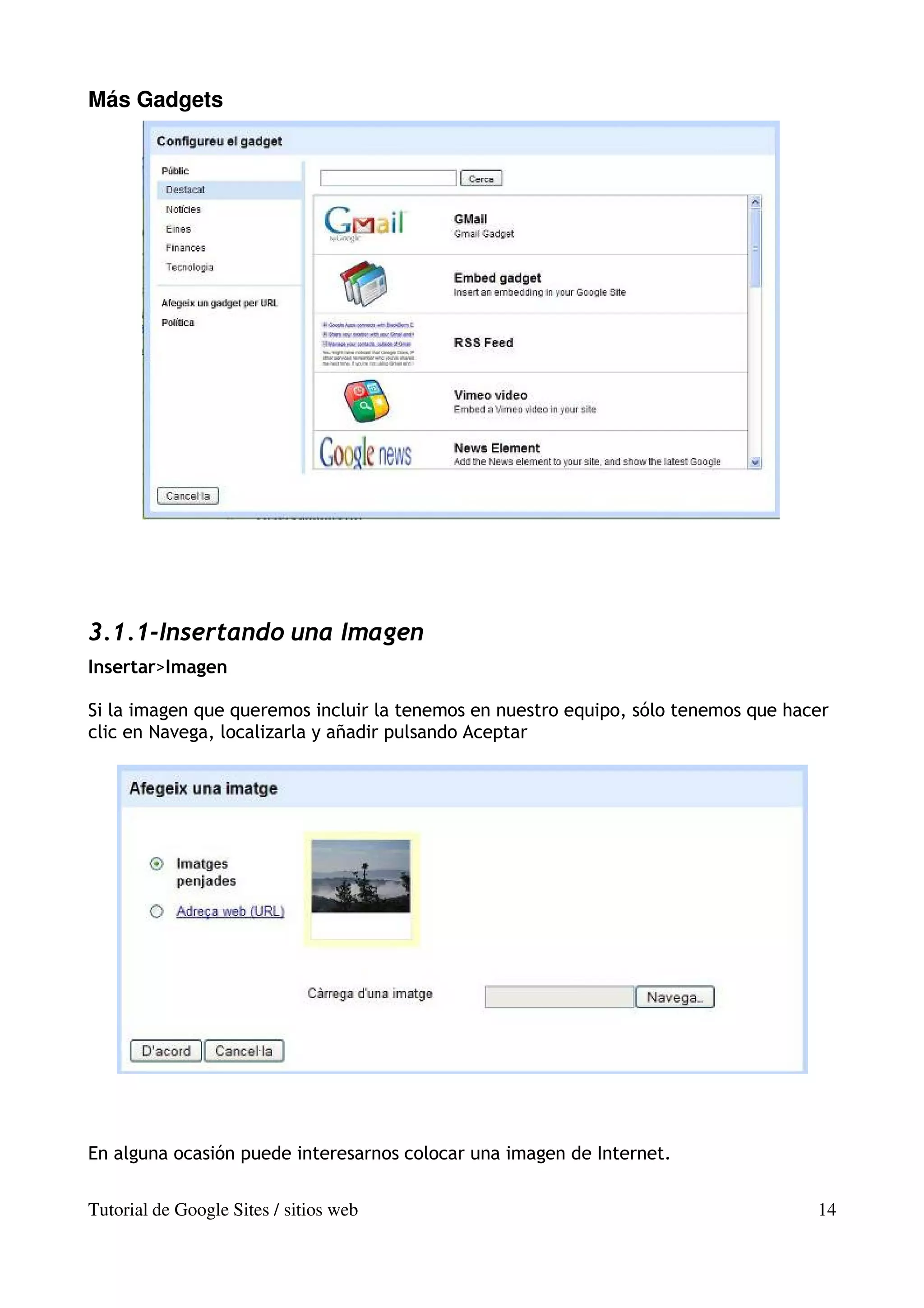 Más Gadgets




3.1.1-Insertando una Imagen
Insertar>Imagen

Si la imagen que queremos incluir la tenemos en nuestro equipo, sólo tenemos que hacer
clic en Navega, localizarla y añadir pulsando Aceptar




En alguna ocasión puede interesarnos colocar una imagen de Internet.


Tutorial de Google Sites / sitios web                                               14
 