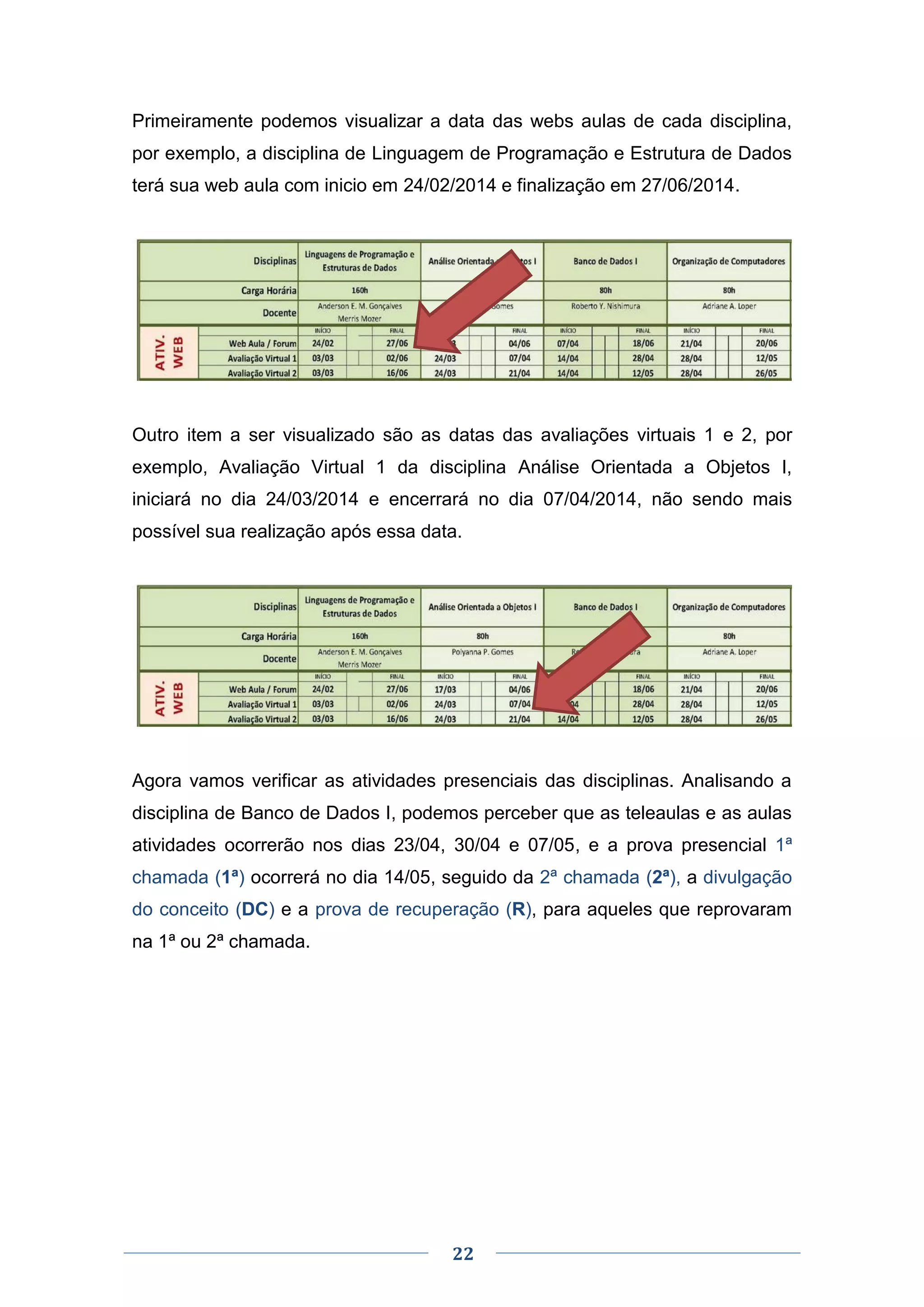 22
Primeiramente podemos visualizar a data das webs aulas de cada disciplina,
por exemplo, a disciplina de Linguagem de Programação e Estrutura de Dados
terá sua web aula com inicio em 24/02/2014 e finalização em 27/06/2014.
Outro item a ser visualizado são as datas das avaliações virtuais 1 e 2, por
exemplo, Avaliação Virtual 1 da disciplina Análise Orientada a Objetos I,
iniciará no dia 24/03/2014 e encerrará no dia 07/04/2014, não sendo mais
possível sua realização após essa data.
Agora vamos verificar as atividades presenciais das disciplinas. Analisando a
disciplina de Banco de Dados I, podemos perceber que as teleaulas e as aulas
atividades ocorrerão nos dias 23/04, 30/04 e 07/05, e a prova presencial 1ª
chamada (1ª) ocorrerá no dia 14/05, seguido da 2ª chamada (2ª), a divulgação
do conceito (DC) e a prova de recuperação (R), para aqueles que reprovaram
na 1ª ou 2ª chamada.
 