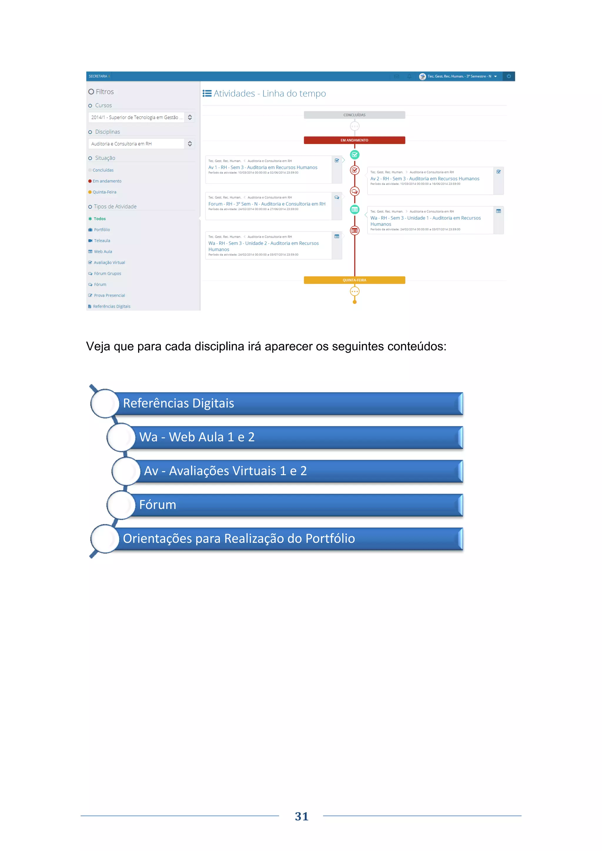 31
Veja que para cada disciplina irá aparecer os seguintes conteúdos:
Referências Digitais
Wa - Web Aula 1 e 2
Av - Avaliações Virtuais 1 e 2
Fórum
Orientações para Realização do Portfólio
 