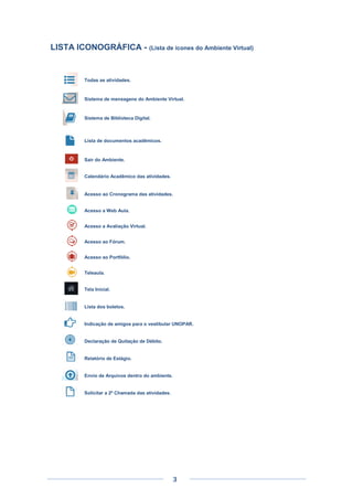 3
LISTA ICONOGRÁFICA - (Lista de ícones do Ambiente Virtual)
Todas as atividades.
Sistema de mensagens do Ambiente Virtual.
Sistema de Biblioteca Digital.
Lista de documentos acadêmicos.
Sair do Ambiente.
Calendário Acadêmico das atividades.
Acesso ao Cronograma das atividades.
Acesso a Web Aula.
Acesso a Avaliação Virtual.
Acesso ao Fórum.
Acesso ao Portfólio.
Teleaula.
Tela Inicial.
Lista dos boletos.
Indicação de amigos para o vestibular UNOPAR.
Declaração de Quitação de Débito.
Relatório de Estágio.
Envio de Arquivos dentro do ambiente.
Solicitar a 2º Chamada das atividades.
 
