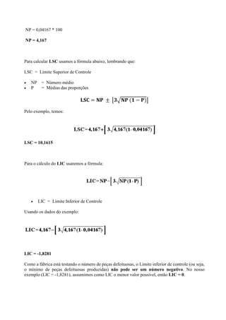 NP = 0,04167 * 100
NP = 4,167
Para calcular LSC usamos a fórmula abaixo, lembrando que:
LSC = Limite Superior de Controle
 NP = Número médio
 P = Médias das proporções
Pelo exemplo, temos:
LSC = 10,1615
Para o cálculo do LIC usaremos a fórmula:
 LIC = Limite Inferior de Controle
Usando os dados do exemplo:
LIC = -1,8281
Como a fábrica está testando o número de peças defeituosas, o Limite inferior de controle (ou seja,
o mínimo de peças defeituosas produzidas) não pode ser um número negativo. No nosso
exemplo (LIC = -1,8281), assumimos como LIC o menor valor possível, então LIC = 0.
 