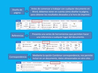 Diseño de página Antes de comenzar a trabajar con cualquier documento en Word, debemos tener en cuenta cómo diseñar la página, para obtener los resultados deseados a la hora de imprimir. Referencias Presenta una series de herramientas que permiten hacer una referencia a cualquier lugar del documento. Correspondencia Mediante la opción Combinar correspondencia, nos permite incluir en un documento, datos almacenados en otro sitio.  