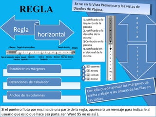 REGLA Si el puntero flota por encima de una parte de la regla, aparecerá un mensaje para indicarle al usuario que es lo que hace esa parte. (en Word 95 no es así ). Se ve en la Vista Preliminar y las vistas de Diseños de Página. Con ella puede ajustar los márgenes de arriba y abajo y las alturas de las filas en las tablas. 1  Justificado a la izquierda de la parada 2  Justificado a la derecha de la misma 3  Centrado en la parada 4  Justificado en el decimal de la misma 