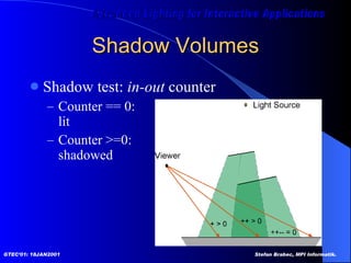 Shadow Volumes Shadow test:  in-out  counter  Counter == 0:  lit Counter >=0:  shadowed 