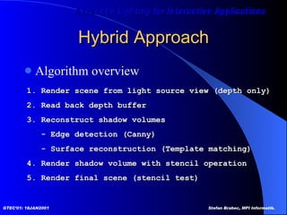 Hybrid Approach Algorithm overview 1. Render scene from light source view (depth only) 2. Read back depth buffer 3. Reconstruct shadow volumes - Edge detection (Canny) - Surface reconstruction (Template matching) 4. Render shadow volume with stencil operation 5. Render final scene (stencil test) 