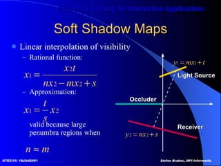 Soft Shadow Maps Linear interpolation of visibility Rational function: Approximation: valid because large  penumbra regions when Receiver Light Source Occluder 