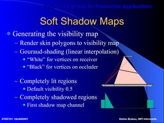Soft Shadow Maps Generating the visibility map Render skin polygons to visibility map Gouraud-shading (linear interpolation) “ White” for vertices on receiver “ Black” for vertices on occluder Completely lit regions Default visibility 0.5 Completely shadowed regions First shadow map channel  