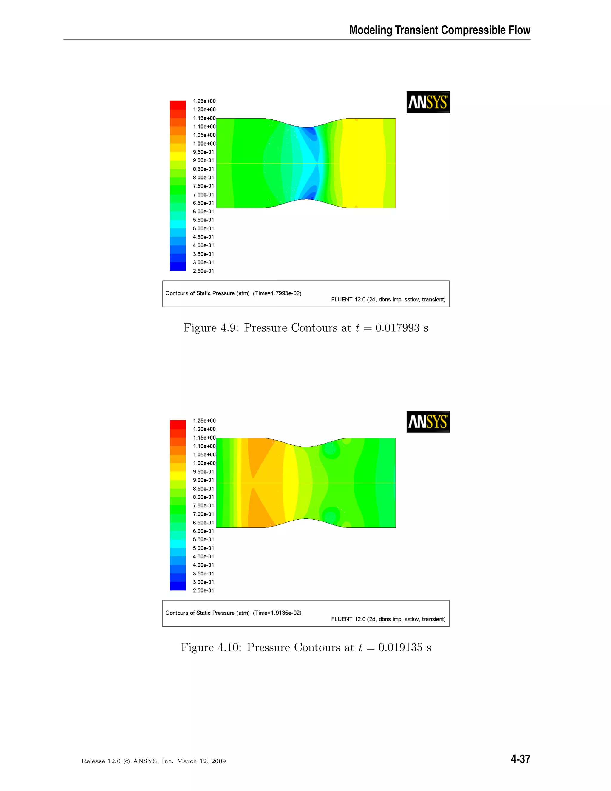 Modeling Transient Compressible Flow
Figure 4.9: Pressure Contours at t = 0.017993 s
Figure 4.10: Pressure Contours at t = 0.019135 s
Release 12.0 c ANSYS, Inc. March 12, 2009 4-37
 