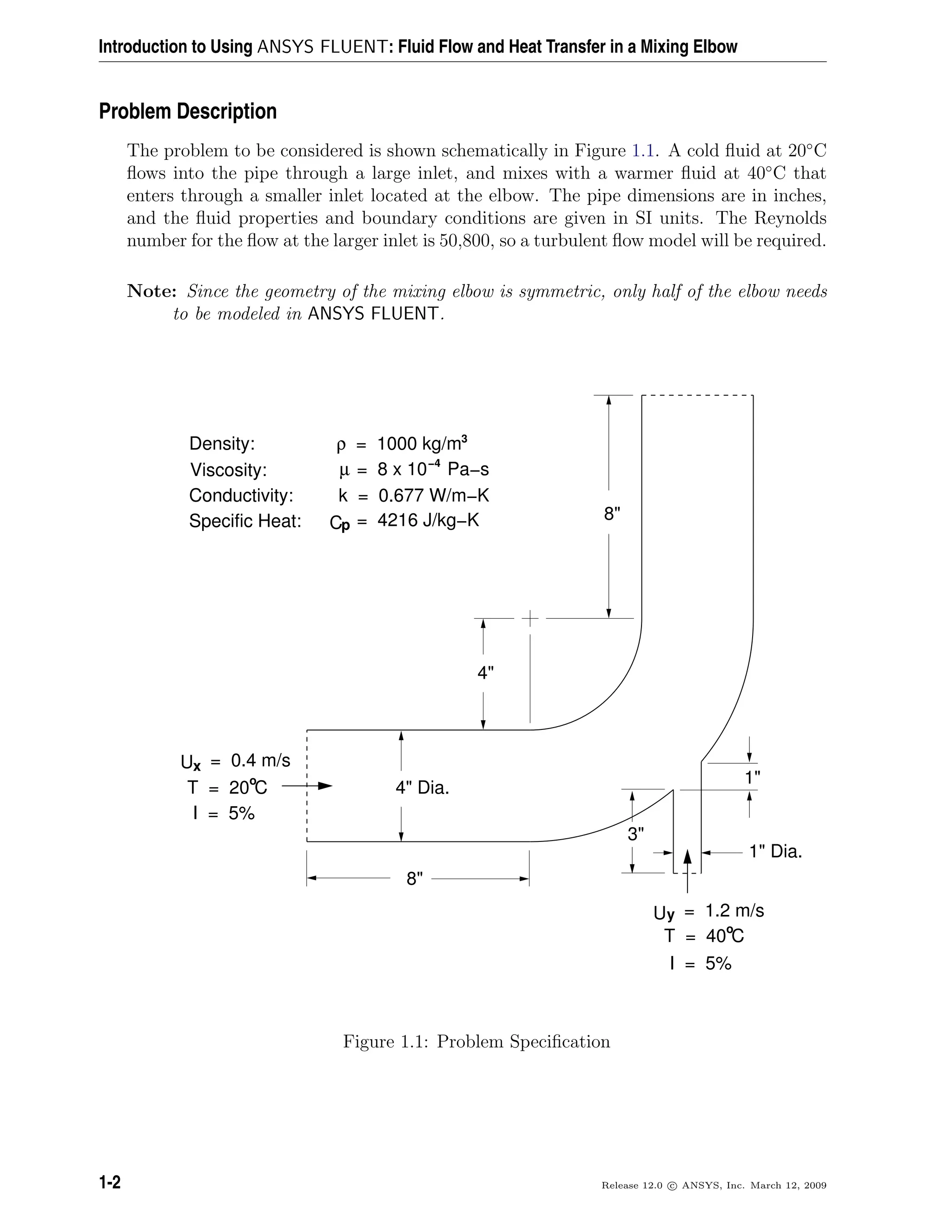 Introduction to Using ANSYS FLUENT: Fluid Flow and Heat Transfer in a Mixing Elbow
Problem Description
The problem to be considered is shown schematically in Figure 1.1. A cold ﬂuid at 20◦
C
ﬂows into the pipe through a large inlet, and mixes with a warmer ﬂuid at 40◦
C that
enters through a smaller inlet located at the elbow. The pipe dimensions are in inches,
and the ﬂuid properties and boundary conditions are given in SI units. The Reynolds
number for the ﬂow at the larger inlet is 50,800, so a turbulent ﬂow model will be required.
Note: Since the geometry of the mixing elbow is symmetric, only half of the elbow needs
to be modeled in ANSYS FLUENT.
= 4216 J/kg−KpC
= 8 x 10 Pa−sµ −4
k = 0.677 W/m−K
= 0.4 m/sxU
4" Dia.
4"
8"
3"
1" Dia.
1"
8"
Viscosity:
Conductivity:
Specific Heat:
T = 20 C
I = 5%
= 1.2 m/syU
T = 40 C
I = 5%
Density: = 1000 kg/m3
ρ
o
o
Figure 1.1: Problem Speciﬁcation
1-2 Release 12.0 c ANSYS, Inc. March 12, 2009
 