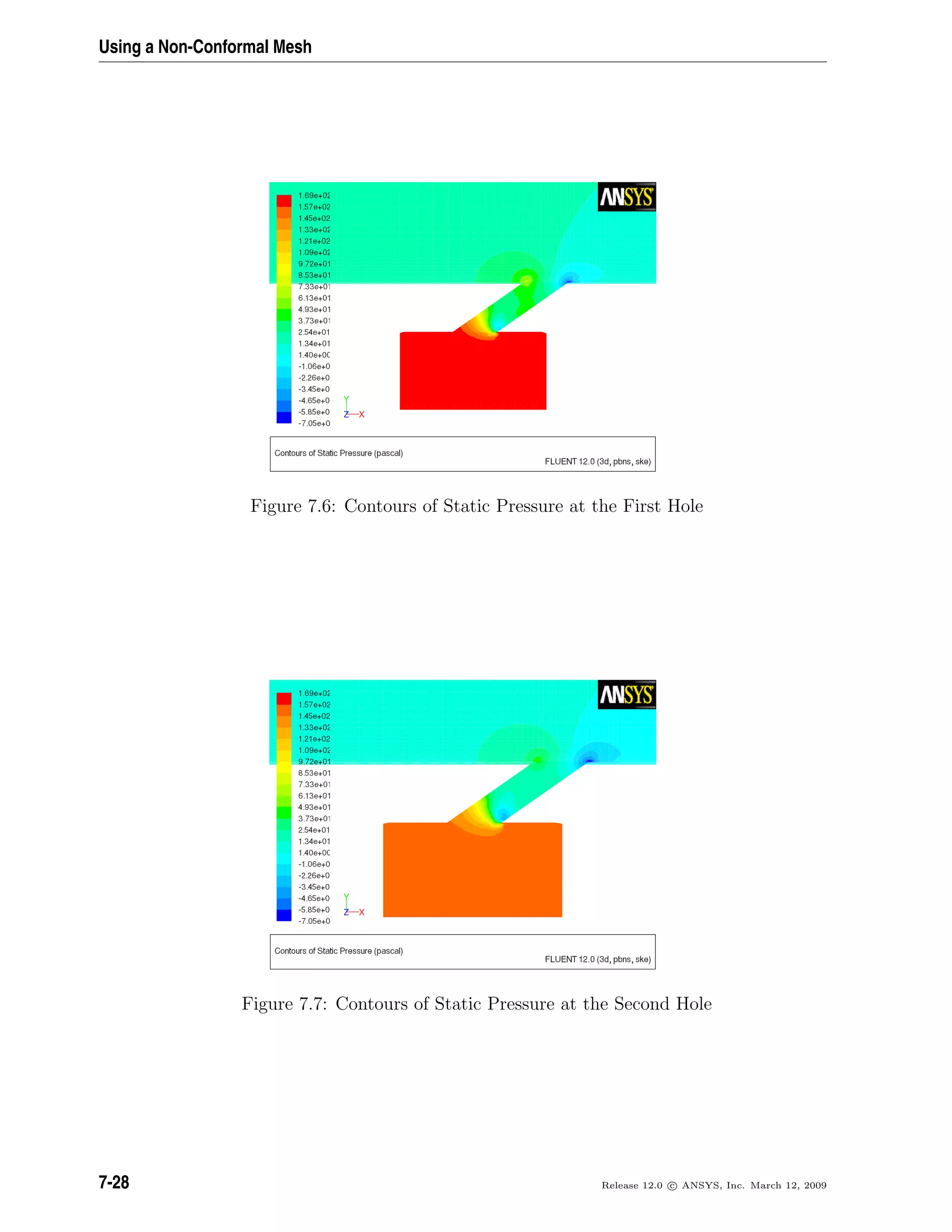 Using a Non-Conformal Mesh
Figure 7.6: Contours of Static Pressure at the First Hole
Figure 7.7: Contours of Static Pressure at the Second Hole
7-28 Release 12.0 c ANSYS, Inc. March 12, 2009
 