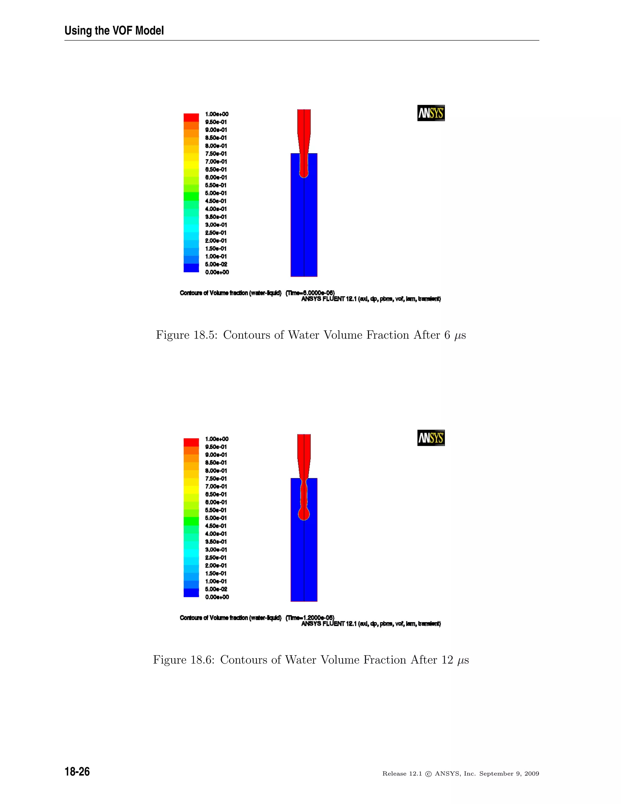 Using the VOF Model
Figure 18.5: Contours of Water Volume Fraction After 6 µs
Figure 18.6: Contours of Water Volume Fraction After 12 µs
18-26 Release 12.1 c ANSYS, Inc. September 9, 2009
 