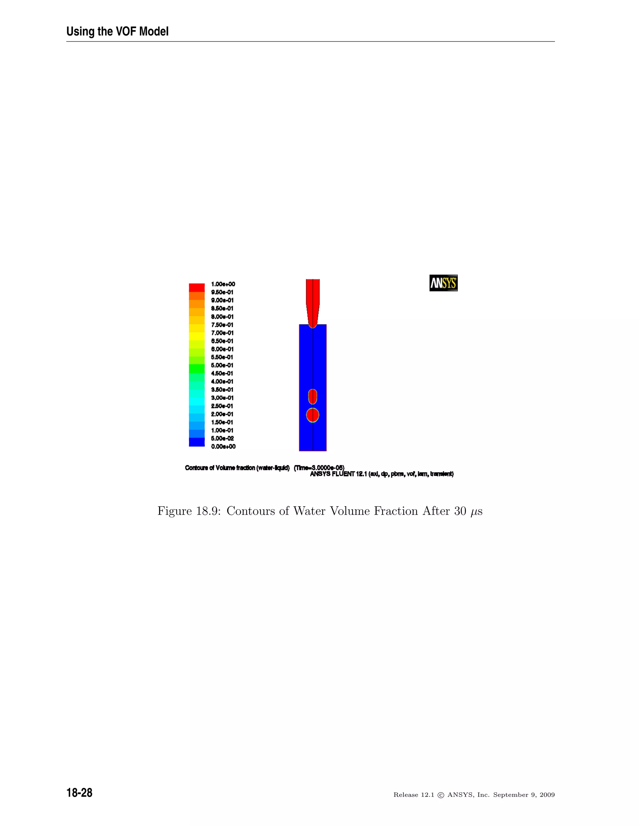 Using the VOF Model
Figure 18.9: Contours of Water Volume Fraction After 30 µs
18-28 Release 12.1 c ANSYS, Inc. September 9, 2009
 