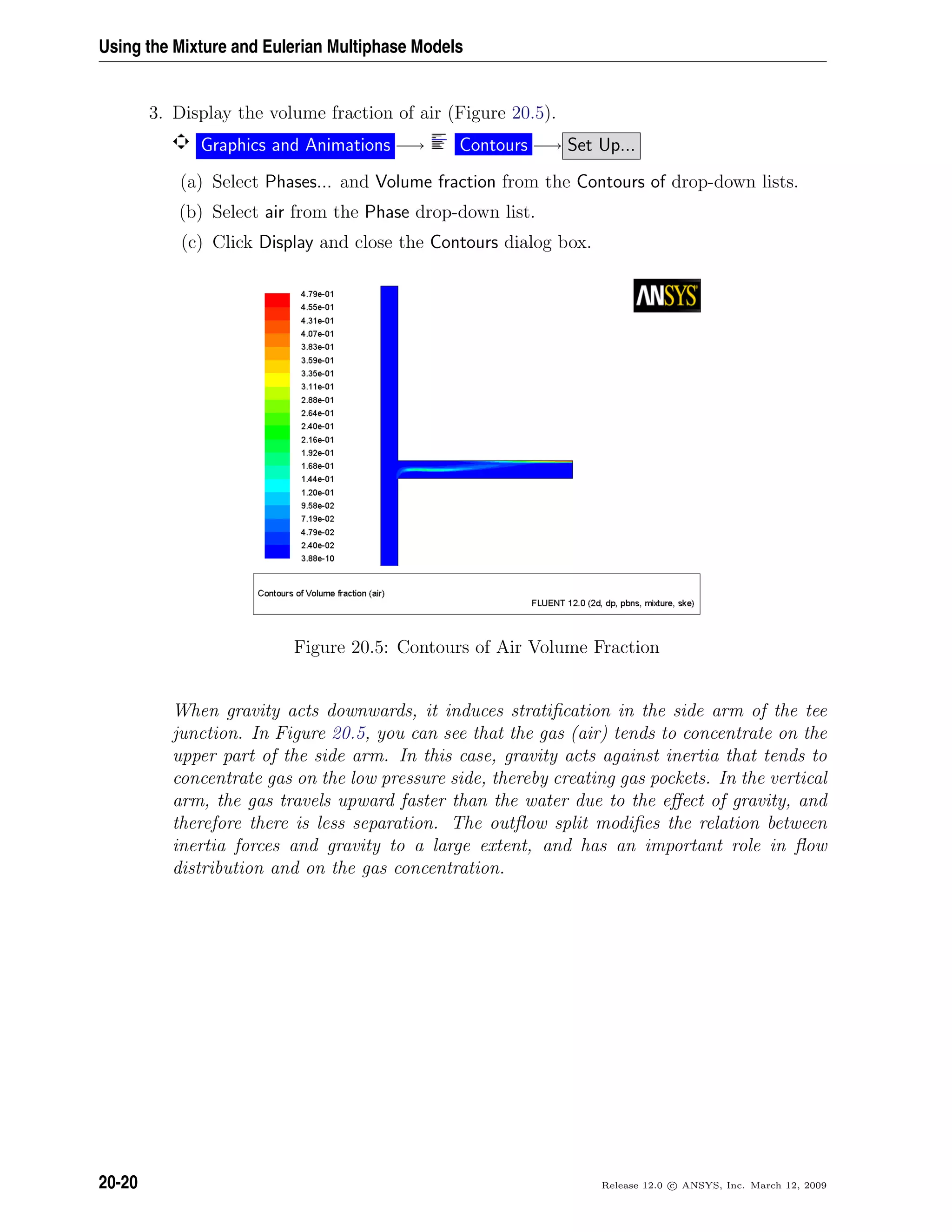 Using the Mixture and Eulerian Multiphase Models
3. Display the volume fraction of air (Figure 20.5).
Graphics and Animations −→ Contours −→ Set Up...
(a) Select Phases... and Volume fraction from the Contours of drop-down lists.
(b) Select air from the Phase drop-down list.
(c) Click Display and close the Contours dialog box.
Figure 20.5: Contours of Air Volume Fraction
When gravity acts downwards, it induces stratiﬁcation in the side arm of the tee
junction. In Figure 20.5, you can see that the gas (air) tends to concentrate on the
upper part of the side arm. In this case, gravity acts against inertia that tends to
concentrate gas on the low pressure side, thereby creating gas pockets. In the vertical
arm, the gas travels upward faster than the water due to the eﬀect of gravity, and
therefore there is less separation. The outﬂow split modiﬁes the relation between
inertia forces and gravity to a large extent, and has an important role in ﬂow
distribution and on the gas concentration.
20-20 Release 12.0 c ANSYS, Inc. March 12, 2009
 
