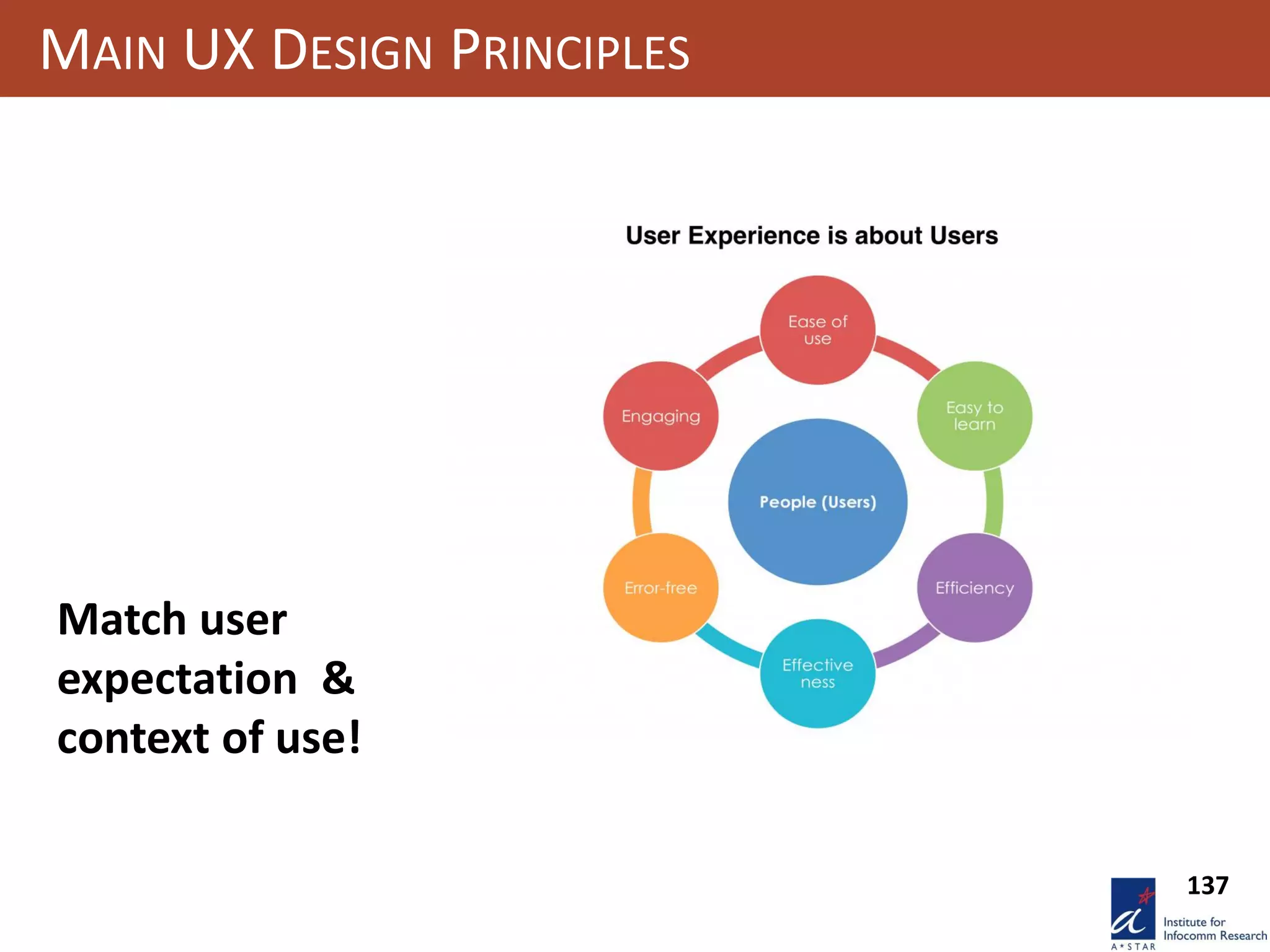 MAIN UX DESIGN PRINCIPLES
Match user
expectation &
context of use!
137
 