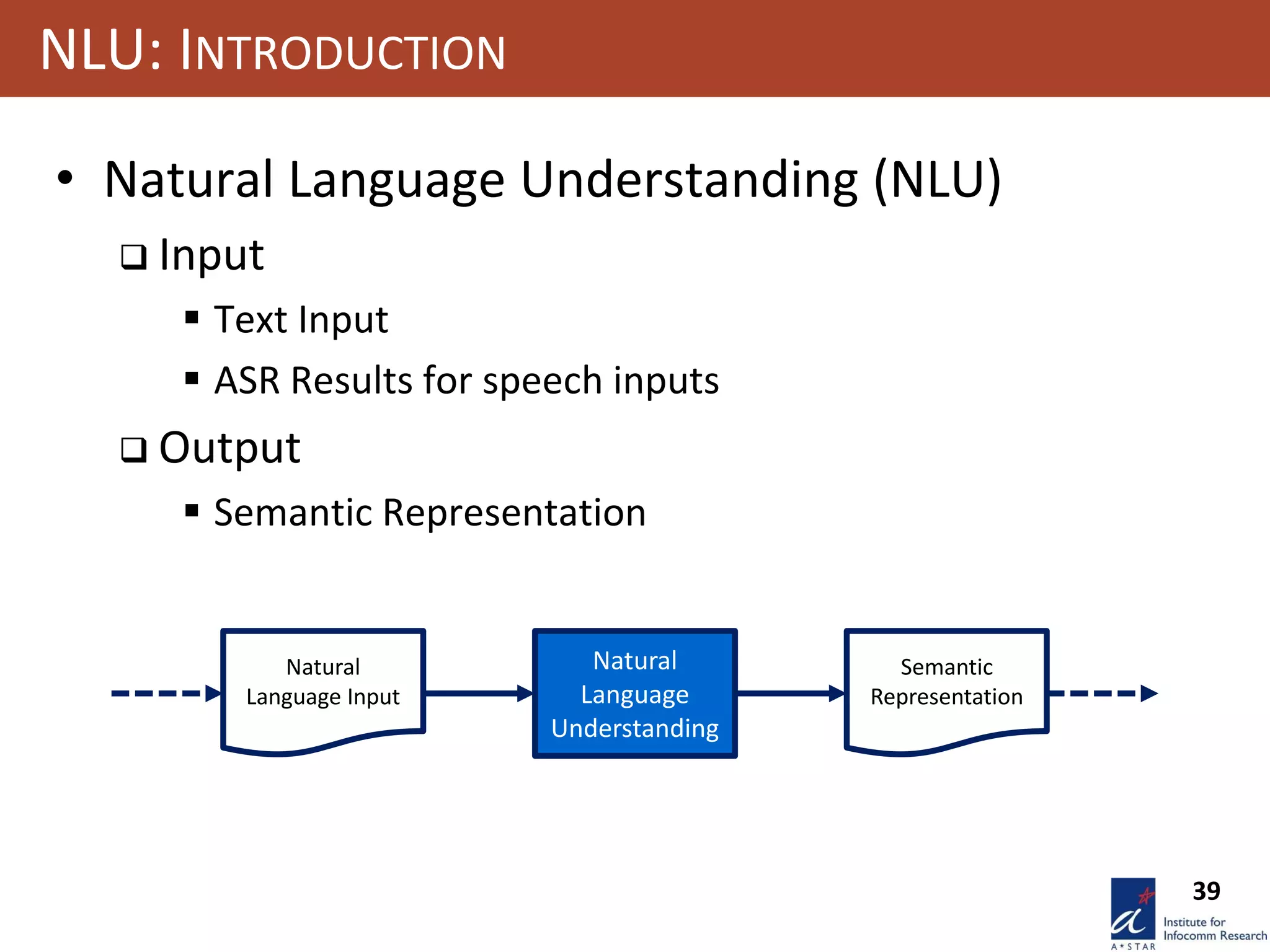 39
NLU: INTRODUCTION
• Natural Language Understanding (NLU)
 Input
 Text Input
 ASR Results for speech inputs
 Output
 Semantic Representation
Natural
Language
Understanding
Natural
Language Input
Semantic
Representation
 
