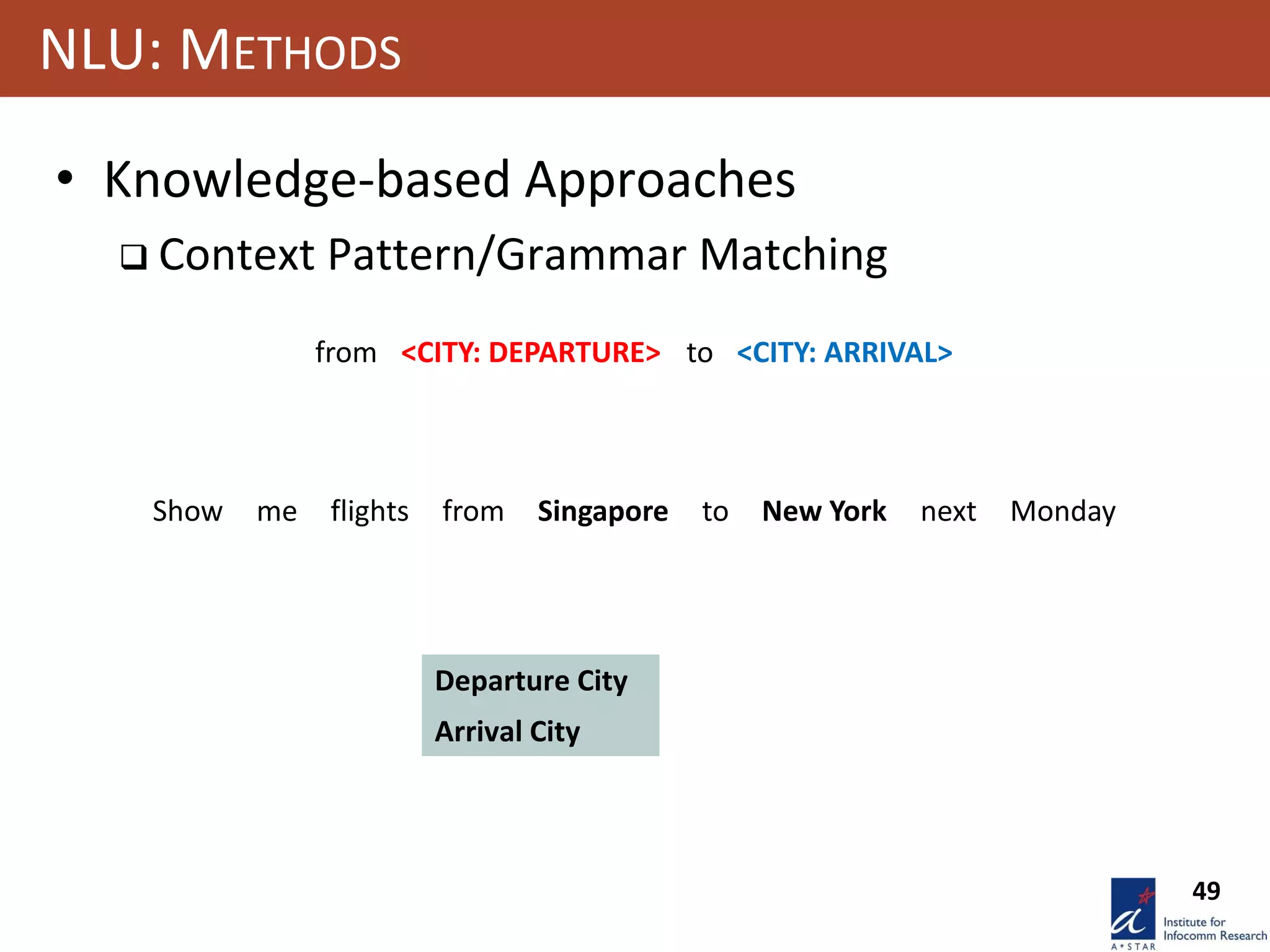 49
NLU: METHODS
• Knowledge-based Approaches
 Context Pattern/Grammar Matching
Show me flights from Singapore to New York next Monday
from <CITY: DEPARTURE> to <CITY: ARRIVAL>
Departure City
Arrival City
 
