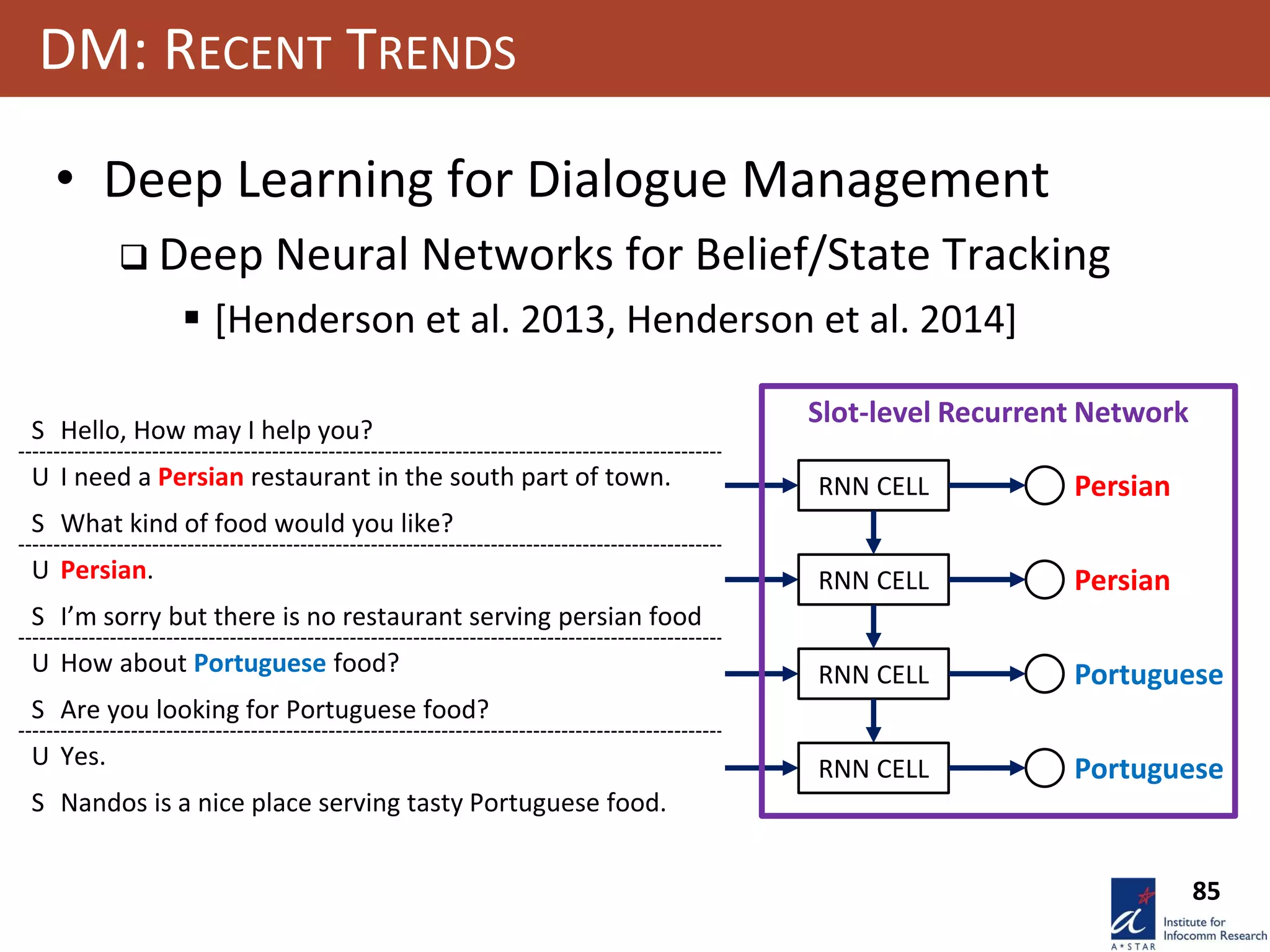 85
DM: RECENT TRENDS
• Deep Learning for Dialogue Management
 Deep Neural Networks for Belief/State Tracking
 [Henderson et al. 2013, Henderson et al. 2014]
S Hello, How may I help you?
U I need a Persian restaurant in the south part of town.
S What kind of food would you like?
U Persian.
S I’m sorry but there is no restaurant serving persian food
U How about Portuguese food?
S Are you looking for Portuguese food?
U Yes.
S Nandos is a nice place serving tasty Portuguese food.
RNN CELL Persian
RNN CELL Persian
RNN CELL Portuguese
RNN CELL Portuguese
Slot-level Recurrent Network
 